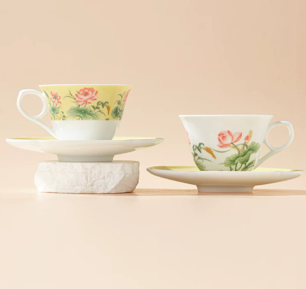 Lotus Harmony Chinese Porcelain Coffee Cup & Saucer Set (2-Pack)