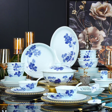 68-Piece Jingdezhen Hand-Painted Blue and White Celadon Porcelain Dinnerware Set, Prosperity Wisteria Pattern Luxury Tableware