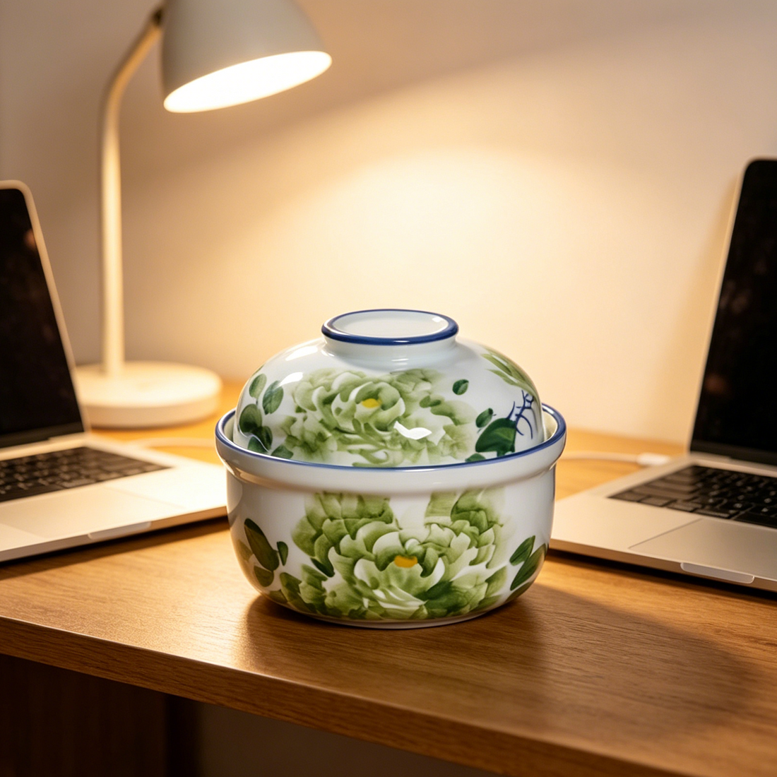Green Peony Floral Porcelain Noodle Bowl with Lid