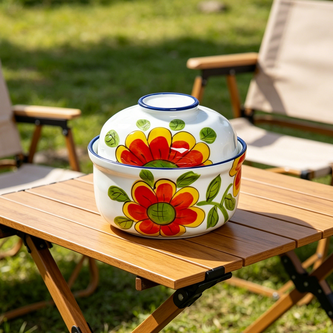 Sunflower Floral Porcelain Noodle Bowl with Lid