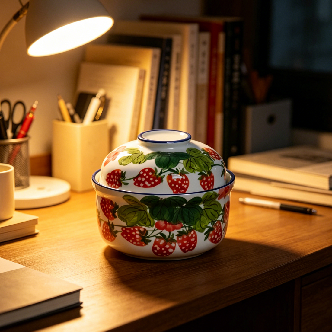 Strawberry Porcelain Noodle Bowl with Lid