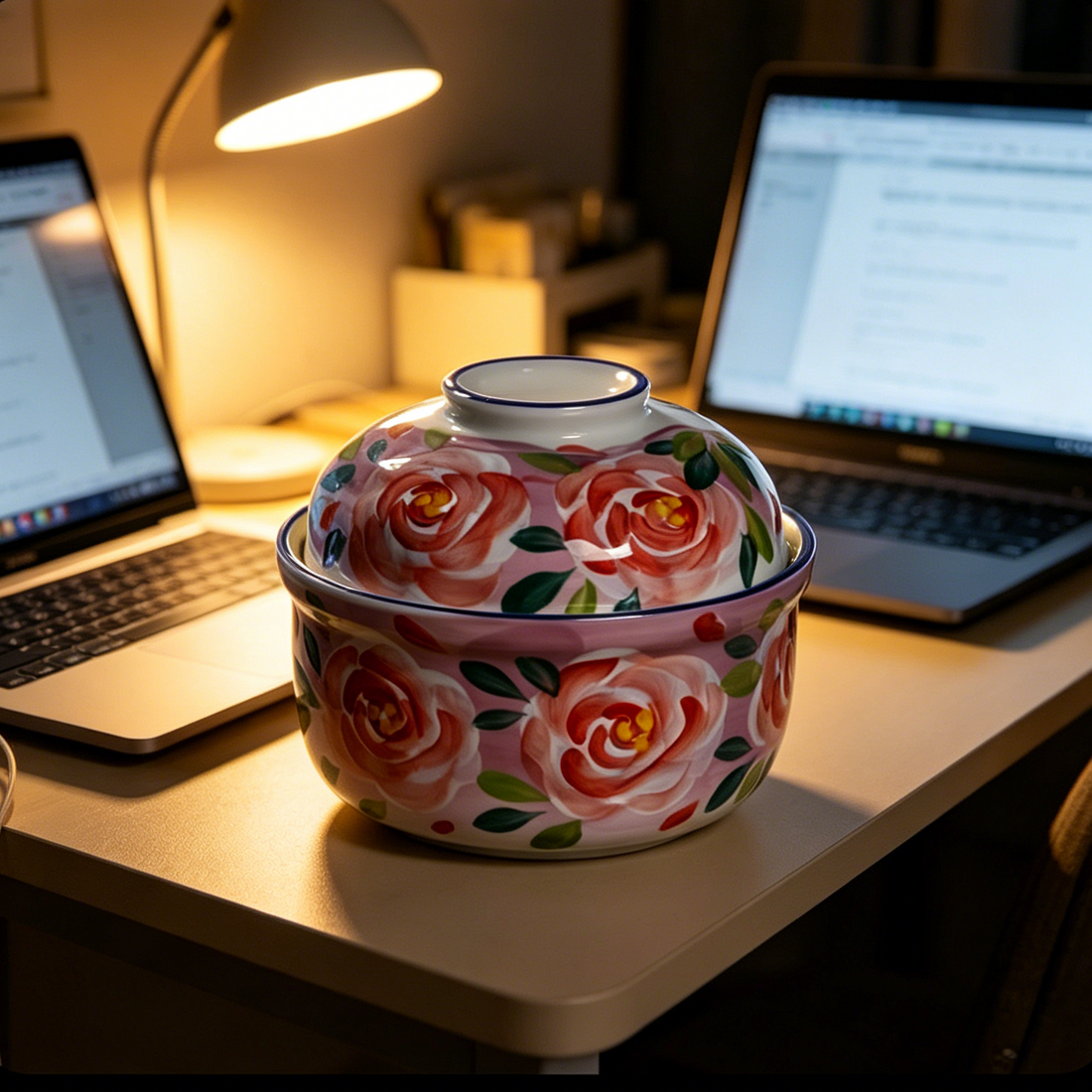 Rose Floral Porcelain Noodle Bowl with Lid