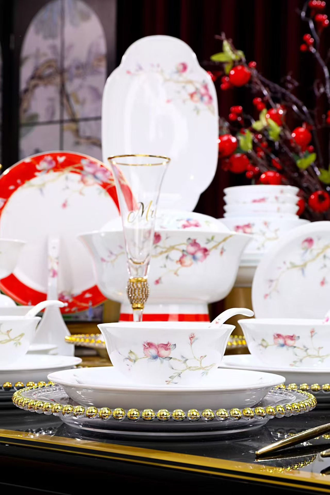 58-Piece Jingdezhen White Jade Porcelain Dinnerware Set, Hand-Painted Pomegranate Pattern  Luxury Tableware
