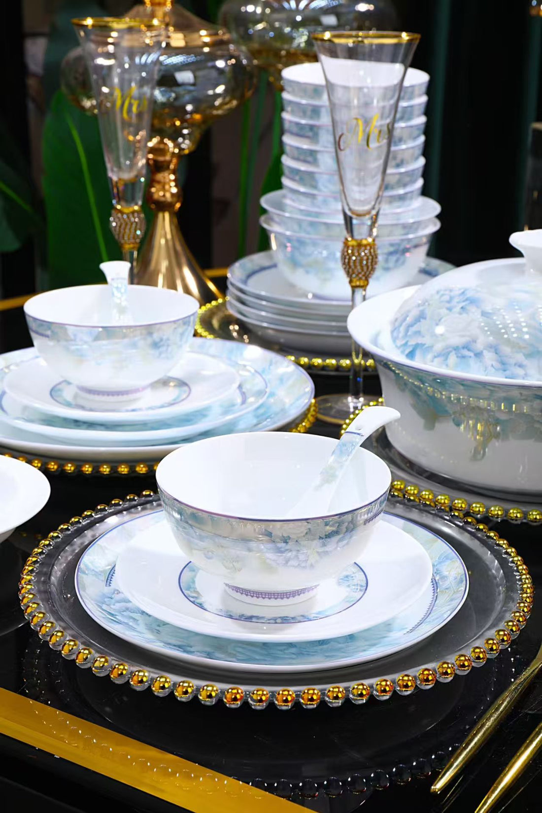 58-Piece Jingdezhen White Jade Porcelain Dinnerware Set, Hand-Painted Colorful Peony Pattern  Luxury Tableware