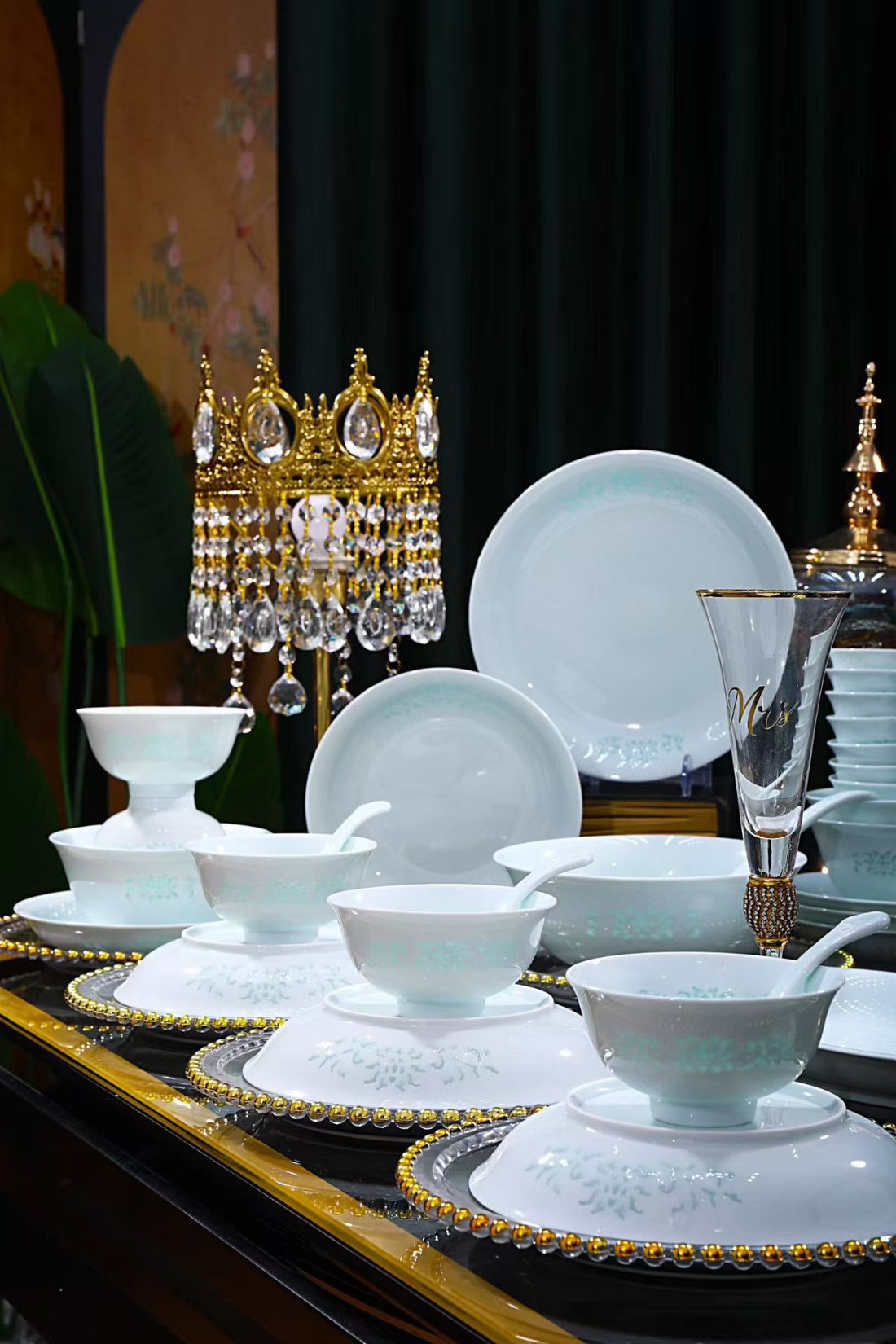 58-Piece Jingdezhen Celadon Linglong Porcelain Dinnerware Set, Handmade Intertwined Lotus Pattern