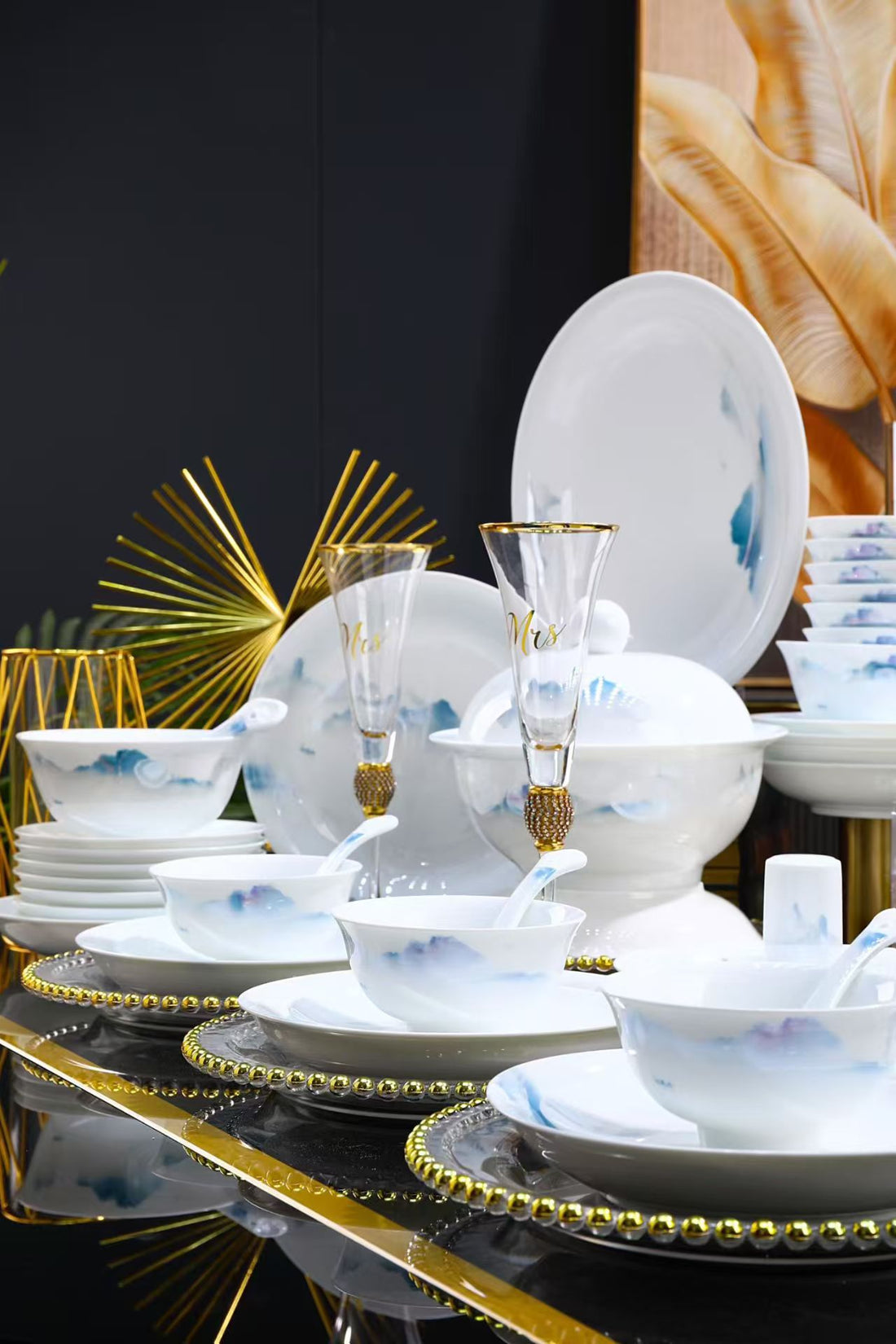 58-Piece Jingdezhen White Jade Porcelain Dinnerware Set, Hand-Painted Blue Mountain Landscape  Luxury Tableware