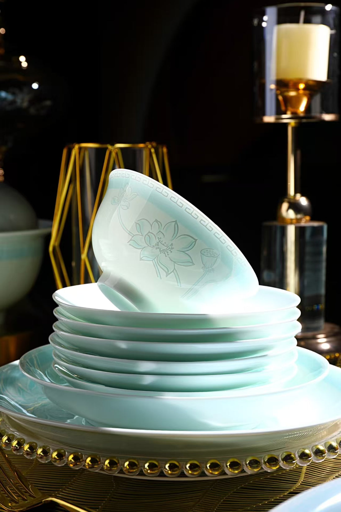 58-Piece Jingdezhen Celadon Jade Clay Dinnerware Set, Handmade Water Lily Lotus Pattern  Luxury Tableware