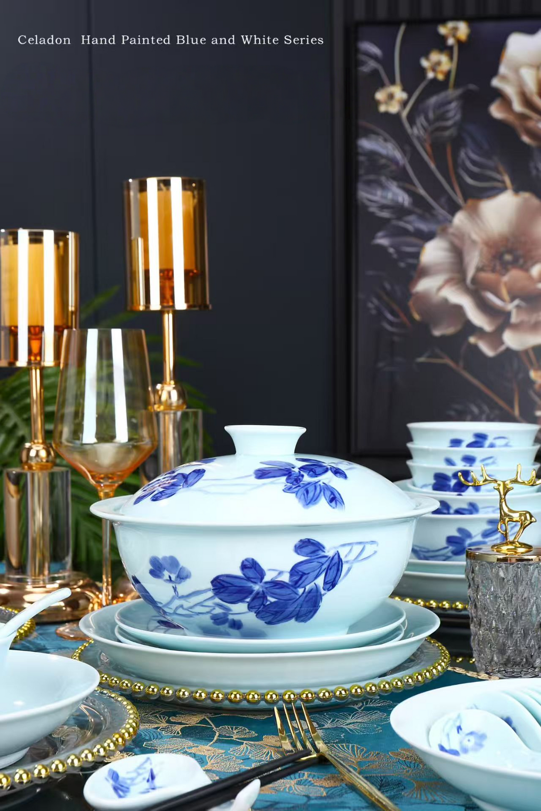 68-Piece Jingdezhen Hand-Painted Blue and White Celadon Porcelain Dinnerware Set, Prosperity Wisteria Pattern Luxury Tableware