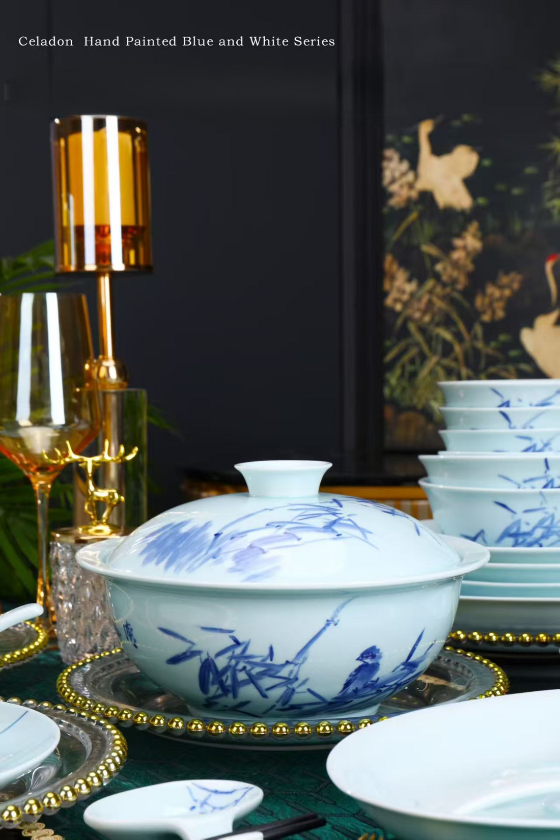 68-Piece Jingdezhen Hand-Painted Blue Bamboo Celadon Porcelain Dinnerware Set, Luxury Artisan Tableware