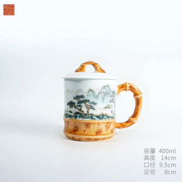 Landscape Bamboo-Handle Porcelain Mug with Lid