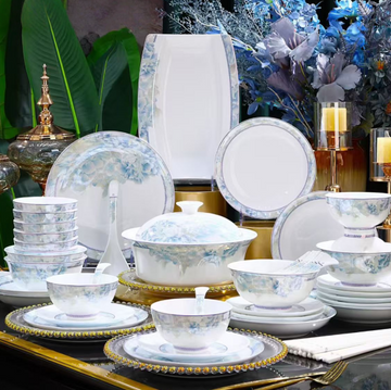 58-Piece Jingdezhen White Jade Porcelain Dinnerware Set, Hand-Painted Colorful Peony Pattern  Luxury Tableware