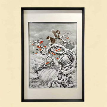 Squirrels & Snowy Persimmon Waterfall Chinese Ceramic Wall Art