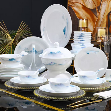 58-Piece Jingdezhen White Jade Porcelain Dinnerware Set, Hand-Painted Blue Mountain Landscape  Luxury Tableware