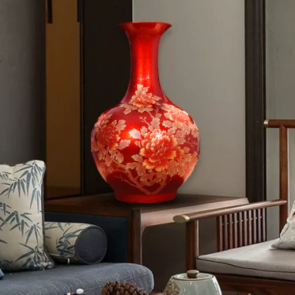 Red Crystal Glaze Peony Vase