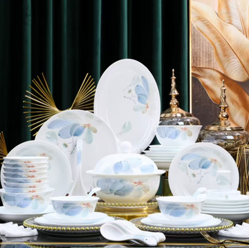 58-Piece Jingdezhen White Jade Porcelain Dinnerware Set, Elegant Blue Floral Pattern  Luxury Tableware