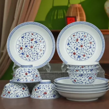 Underglaze Blue & Red Floral Dinnerware Set