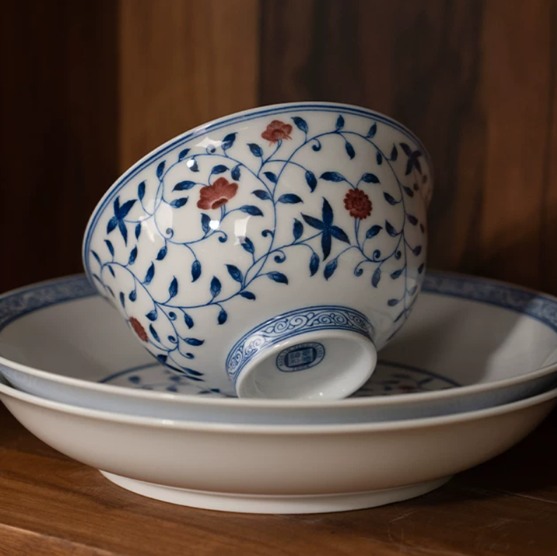 Underglaze Blue & Red Floral Dinnerware Set