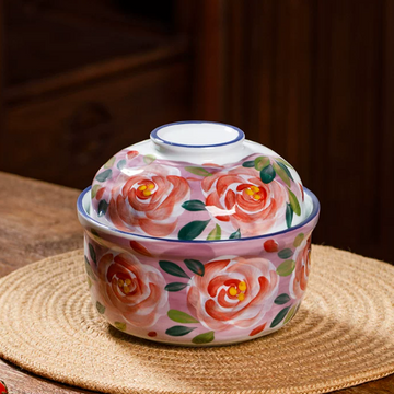 Rose Floral Porcelain Noodle Bowl with Lid