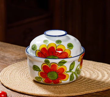 Sunflower Floral Porcelain Noodle Bowl with Lid