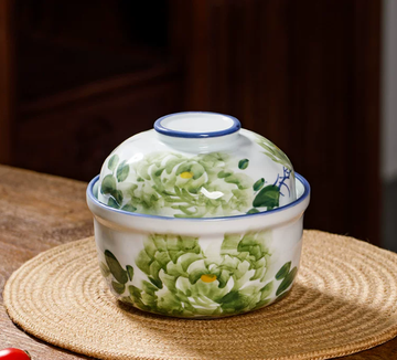 Green Peony Floral Porcelain Noodle Bowl with Lid