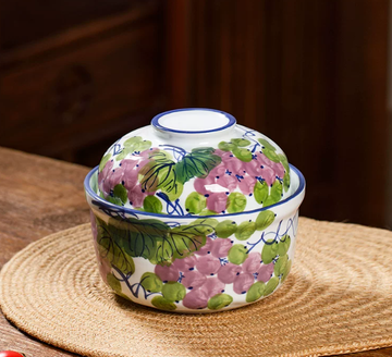 Grape Pattern Porcelain Noodle Bowl with Lid