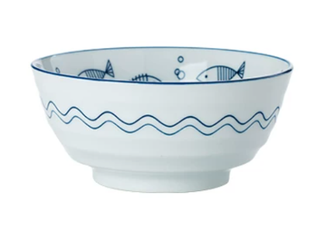 Blue & White Fish Pattern Porcelain Noodle Bowl