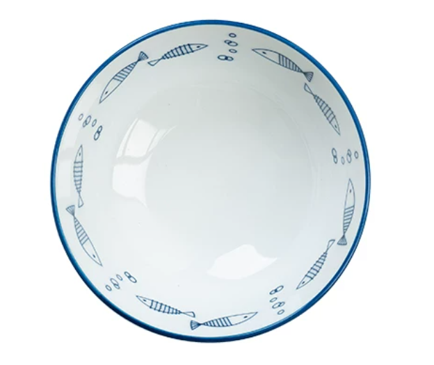 Blue & White Fish Pattern Porcelain Noodle Bowl
