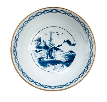 Blue & White Floral & Geometric Pattern Porcelain Bowl