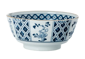 Blue & White Floral & Geometric Pattern Porcelain Bowl