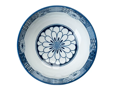 Blue & White Traditional Japanese Floral & Geometric Pattern Porcelain Bowl