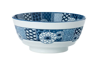 Blue & White Traditional Japanese Floral & Geometric Pattern Porcelain Bowl