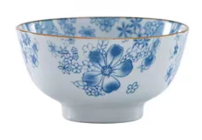 Blue & White Delicate Floral Pattern Porcelain Bowl with Gold Rim