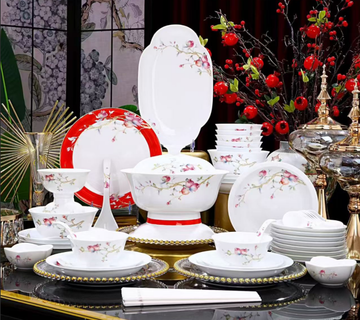 58-Piece Jingdezhen White Jade Porcelain Dinnerware Set, Hand-Painted Pomegranate Pattern  Luxury Tableware