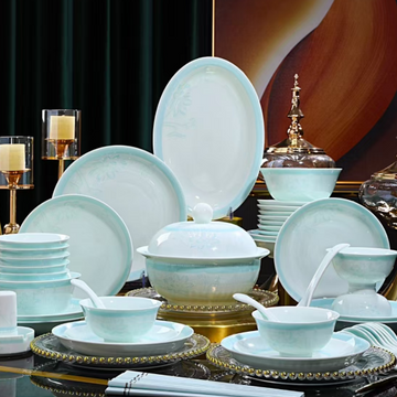 58-Piece Jingdezhen Celadon Jade Clay Dinnerware Set, Handmade Water Lily Lotus Pattern  Luxury Tableware