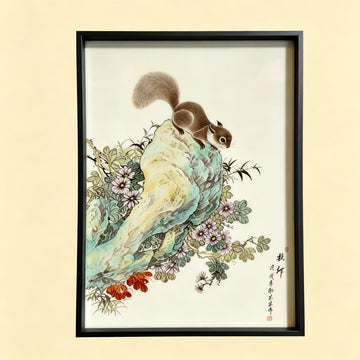 Squirrel & Autumn Flora Chinese Ceramic Wall Art
