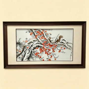 Squirrels & Snow-Covered Persimmon Tree Chinese Ceramic Wall Art