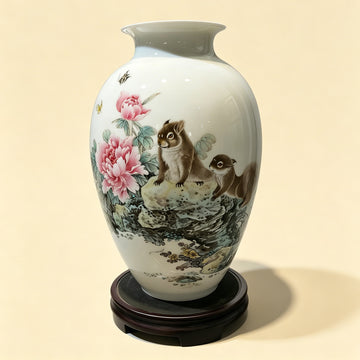 Squirrels & Peony Chinese Ceramic Flower Vase